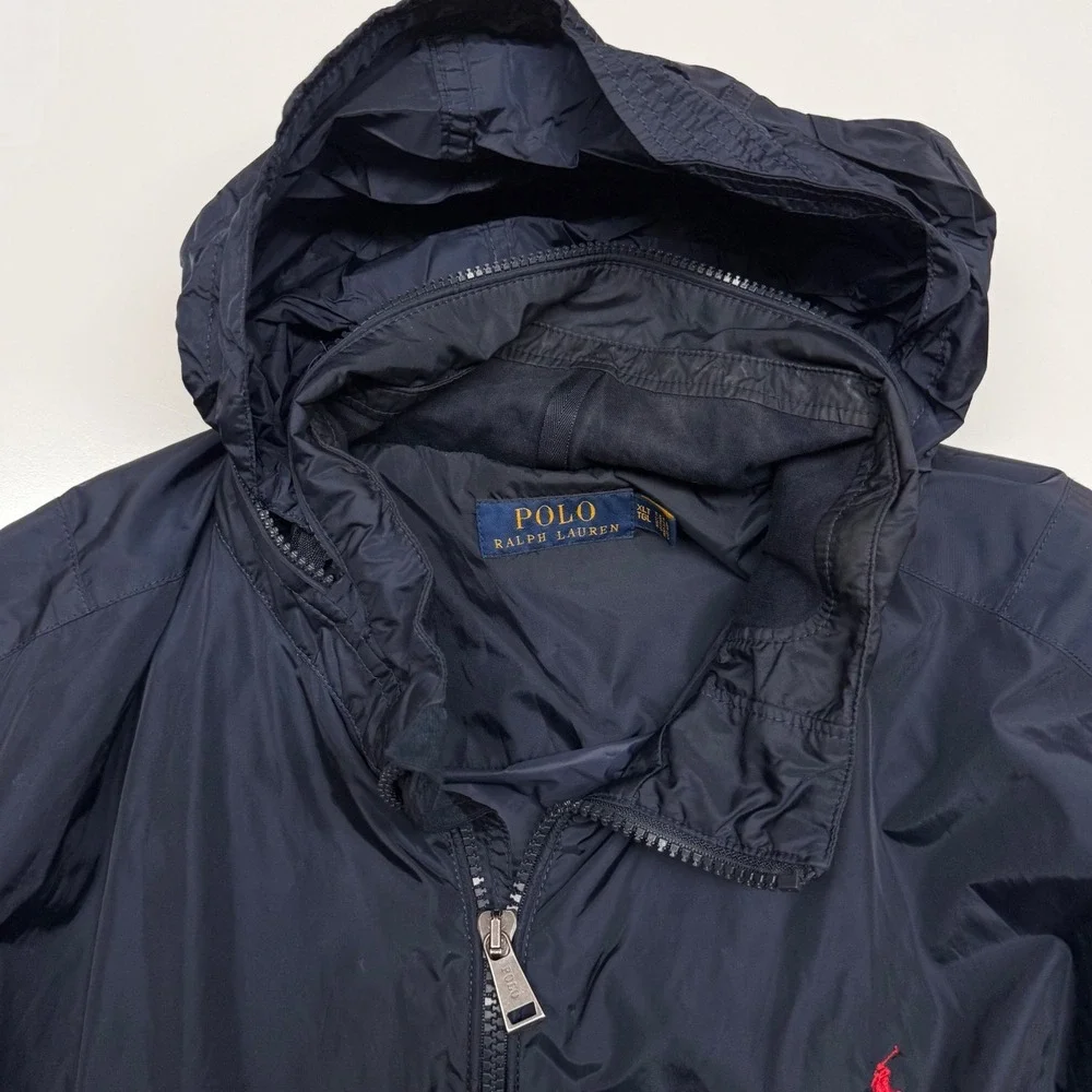 Polo Ralph Lauren Men XLT Windbreaker Jacket Navy Blue Full Zip Hooded Pony Prep